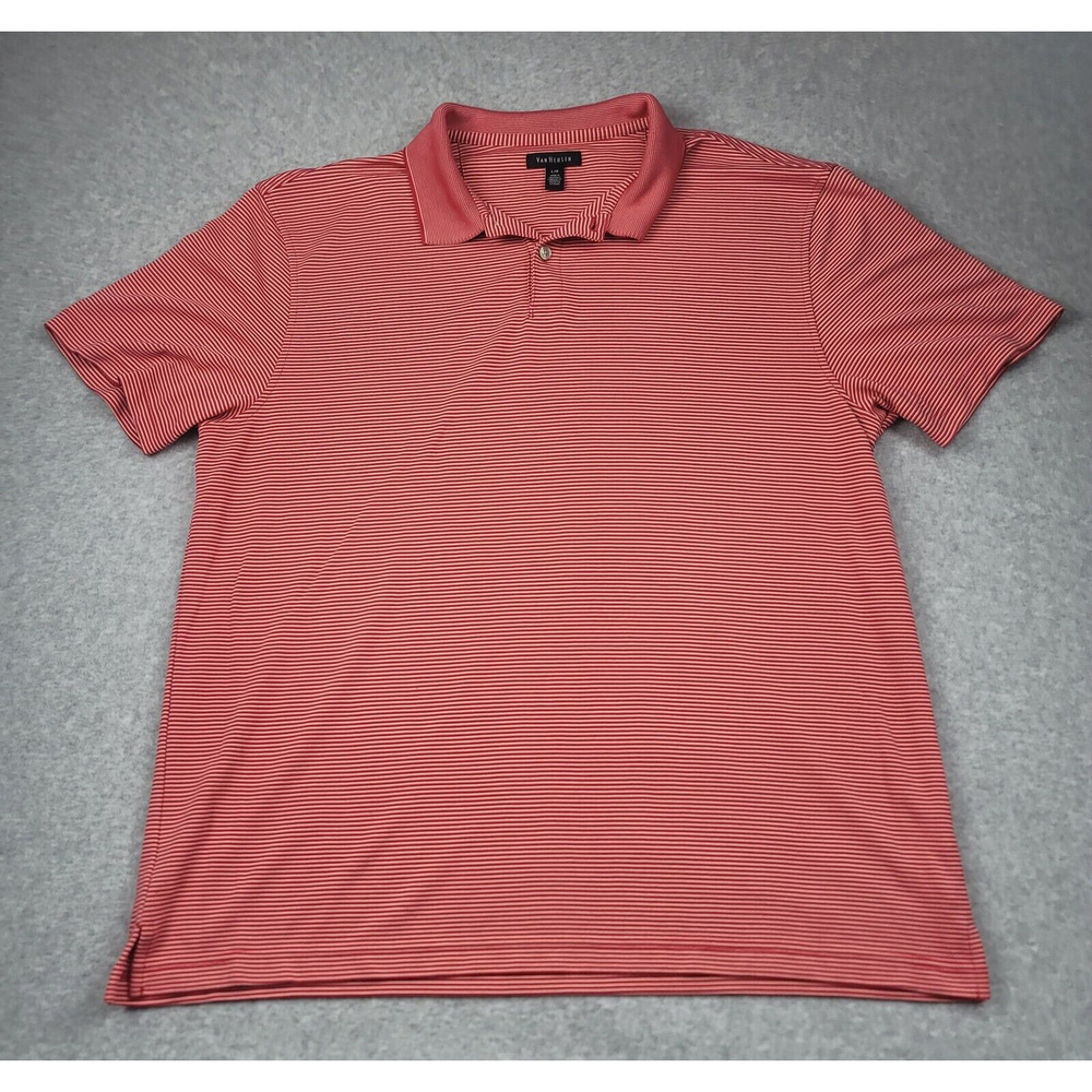 Van Heusen Mens Polo Shirt Large Red Orange Striped Short Sleeve Collar